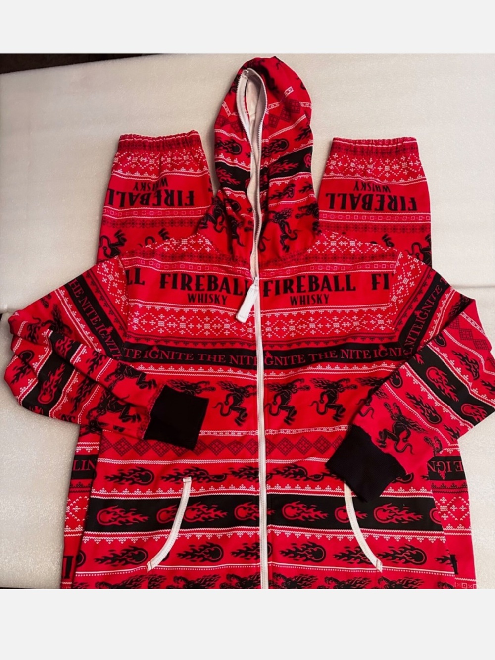 NEW Fireball Whiskey Pajamas Flannel Lined Union One Piece Zip Pockets Adult S